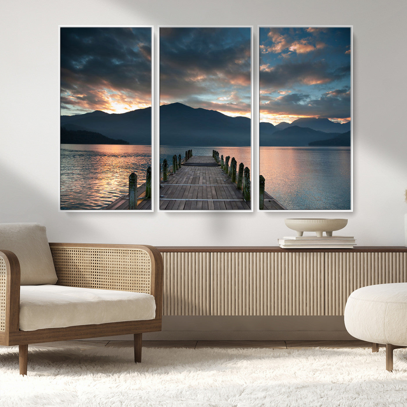 -Mountain Lake Wood Pier Canvas Wall Art Nature Lake Print