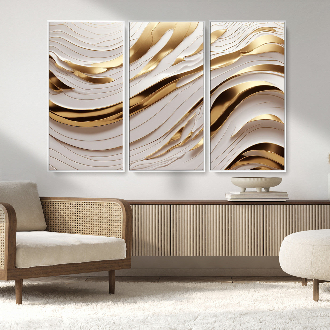 81197-MGV-FC-48X32-3P_White-Gold and White Abstract Wave Canvas – Elegant Flowing Design with Luxurious Golden Accents –
