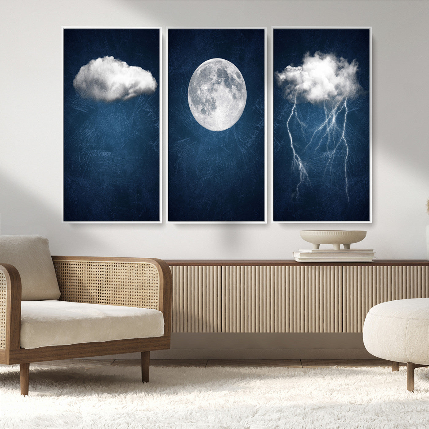 96569-MGV-CV-36X24-Dark Blue Cloud Art, 3 Piece Indigo Blue Wall Art, Aesthetic Surreal Art, Thunderstorm Moon Cloud