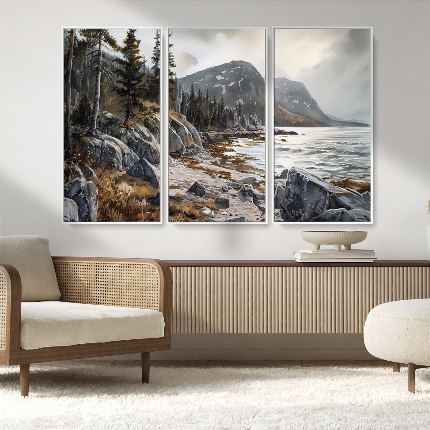 41281-MGV-FC-48X32-3P_White-Serene Coastal View of Acadia National Park - Stunning 3-Panel Wall Art Canvas Print, Framed, Ready