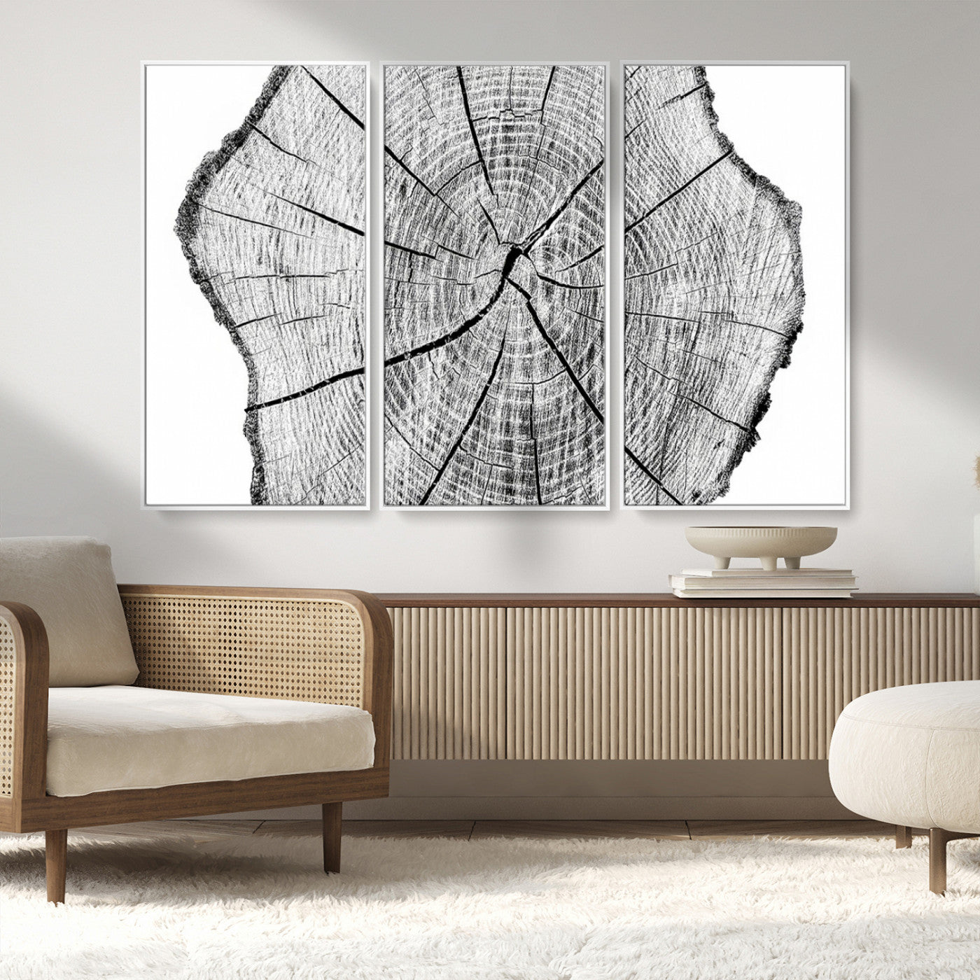 98709-MGV-FC-48X32-3P_White-Rustic Tree Ring Wall Art Canvas Print – Framed and Ready to Hang – Perfect for Nature-Inspired and