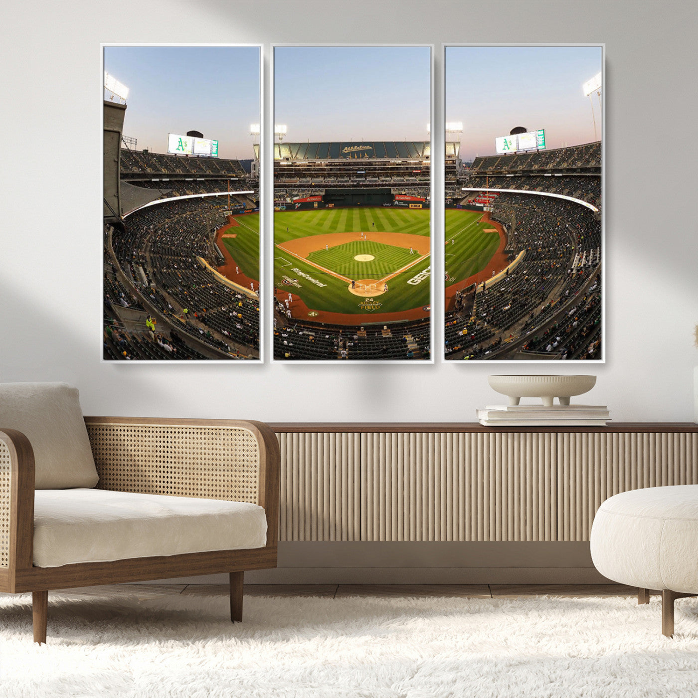 45272-MGV-FC-48X32-3P_White-Oakland Athletics Baseball Team Print - RingCentral Coliseum Stadium Wall Art Canvas Print