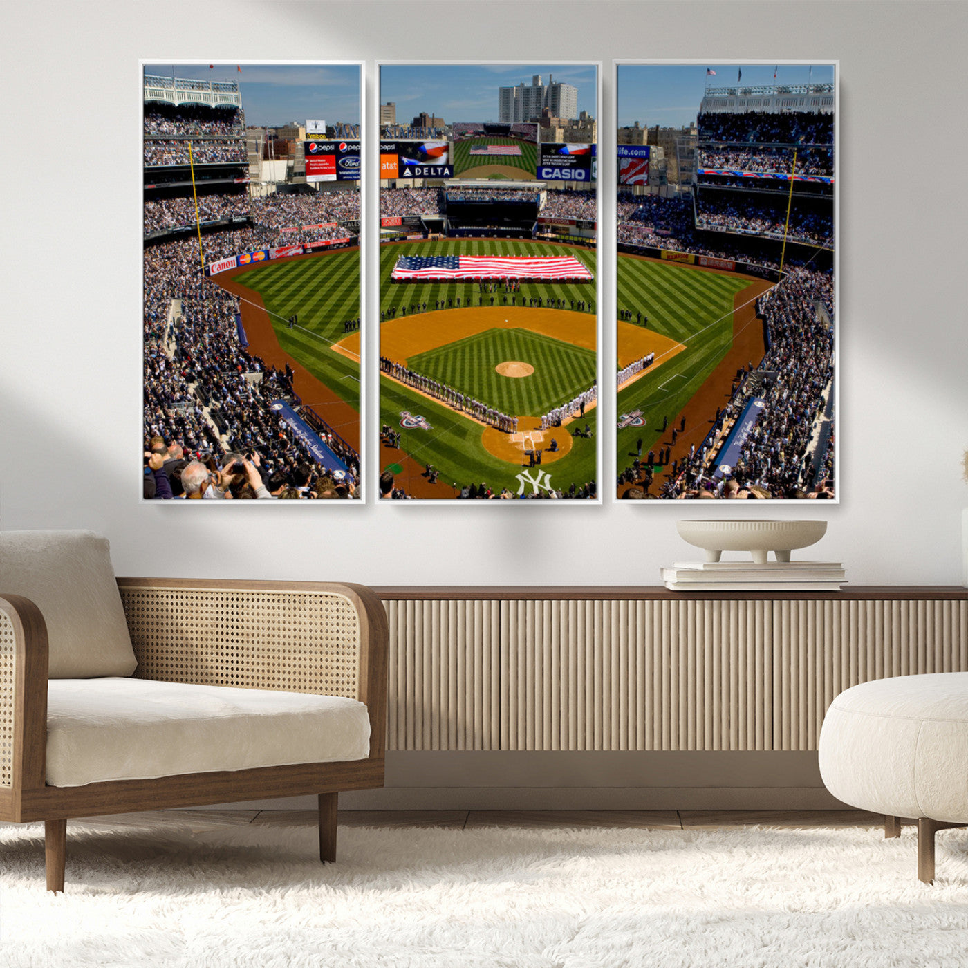 20879-MGV-FC-48X32-3P_White-Yankee Stadium New York Wall Art Print | 3-Panel Canvas Print of Yankees Baseball Stadium | Large
