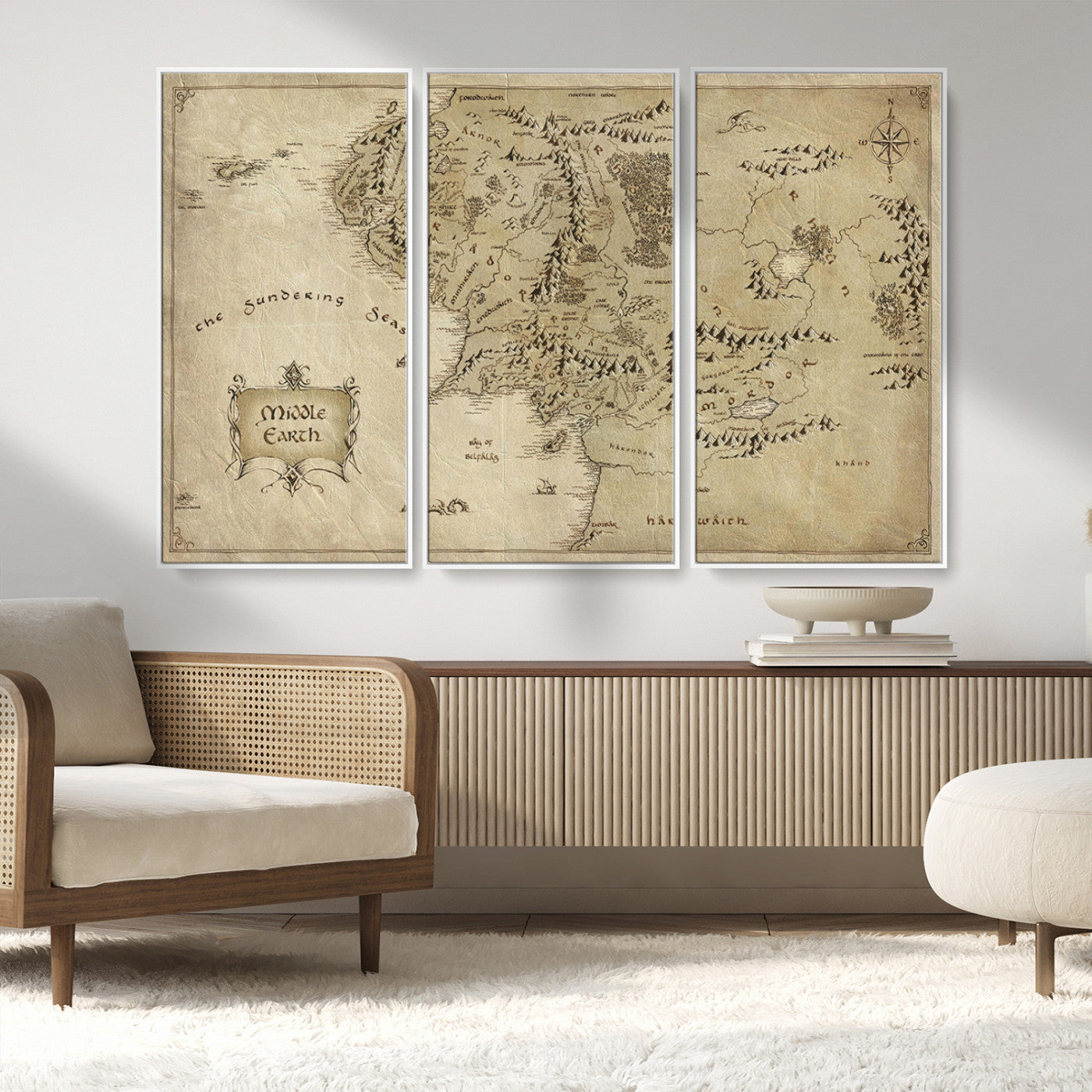 21784-MGV-FC-48X32-3P_White-Vintage Middle Earth Map Wall Art Canvas – Lord of the Rings Inspired Framed Map Print, Classic Fantasy Decor for Home, Office