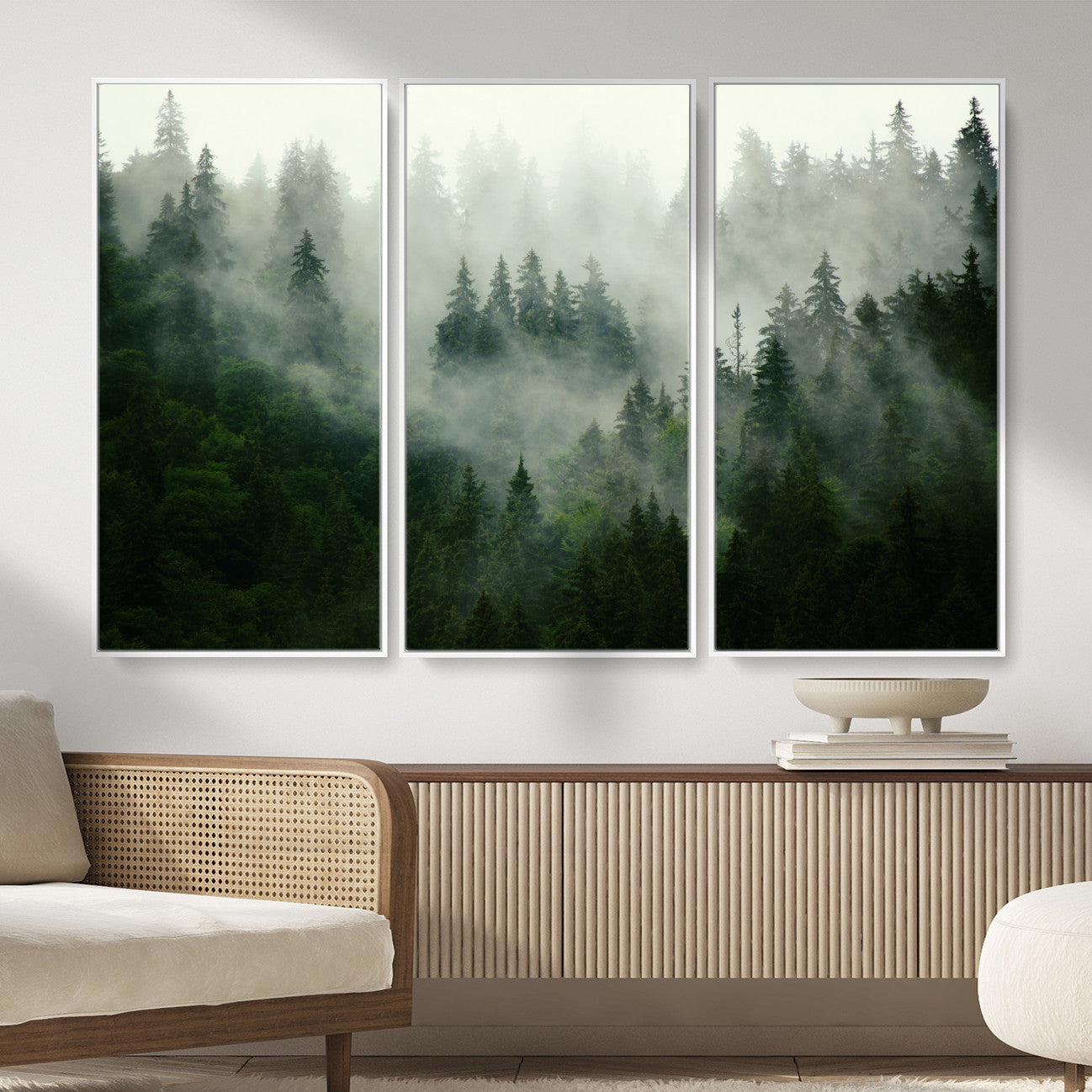 167720496-MGV-CV-36X24 - Misty Forest Mountain Wall Art Canvas | Large 3-Panel Foggy Landscape Canvas Print | Nature Misty