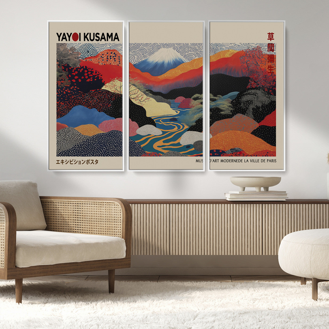 86784-MGV-FC-48X32-3P_White-Yayoi Kusama Wall Art – Framed Japanese Abstract Art Print, Modern Wabi Sabi Inspired Canvas for Living Room, Office, or Gallery Decor