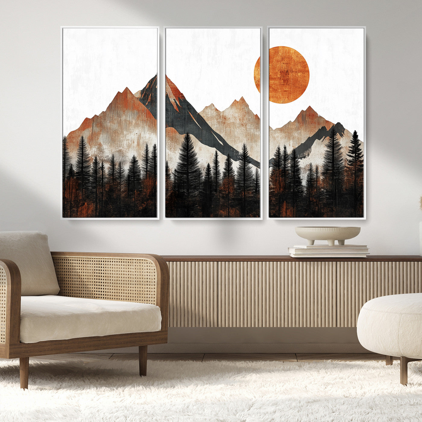 71366-MGV-FC-48X32-3P_White-Modern Abstract Mountain Canvas Wall Art Print, Abstract Landscape Print, Rustic Sun and Mountains