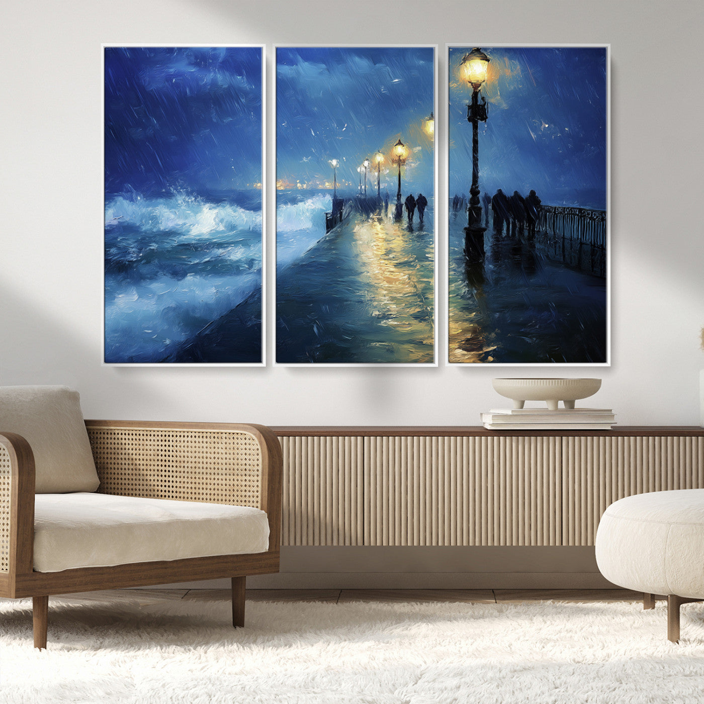 94571-MGV-FC-48X32-3P_White-Storm Ocean Pier Canvas Wall Art Print - Large Moody Night Scene Print, Seaside Wall Decor