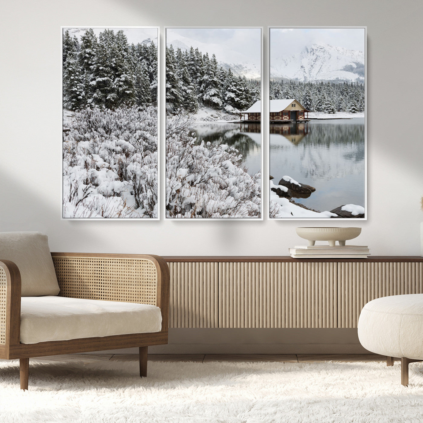94285-MGV-FC-48X32-3P_White-Winter Wall Art - Cabin by the Lake Canvas Wall Art - Serene Snowy Landscape with Mountain View,