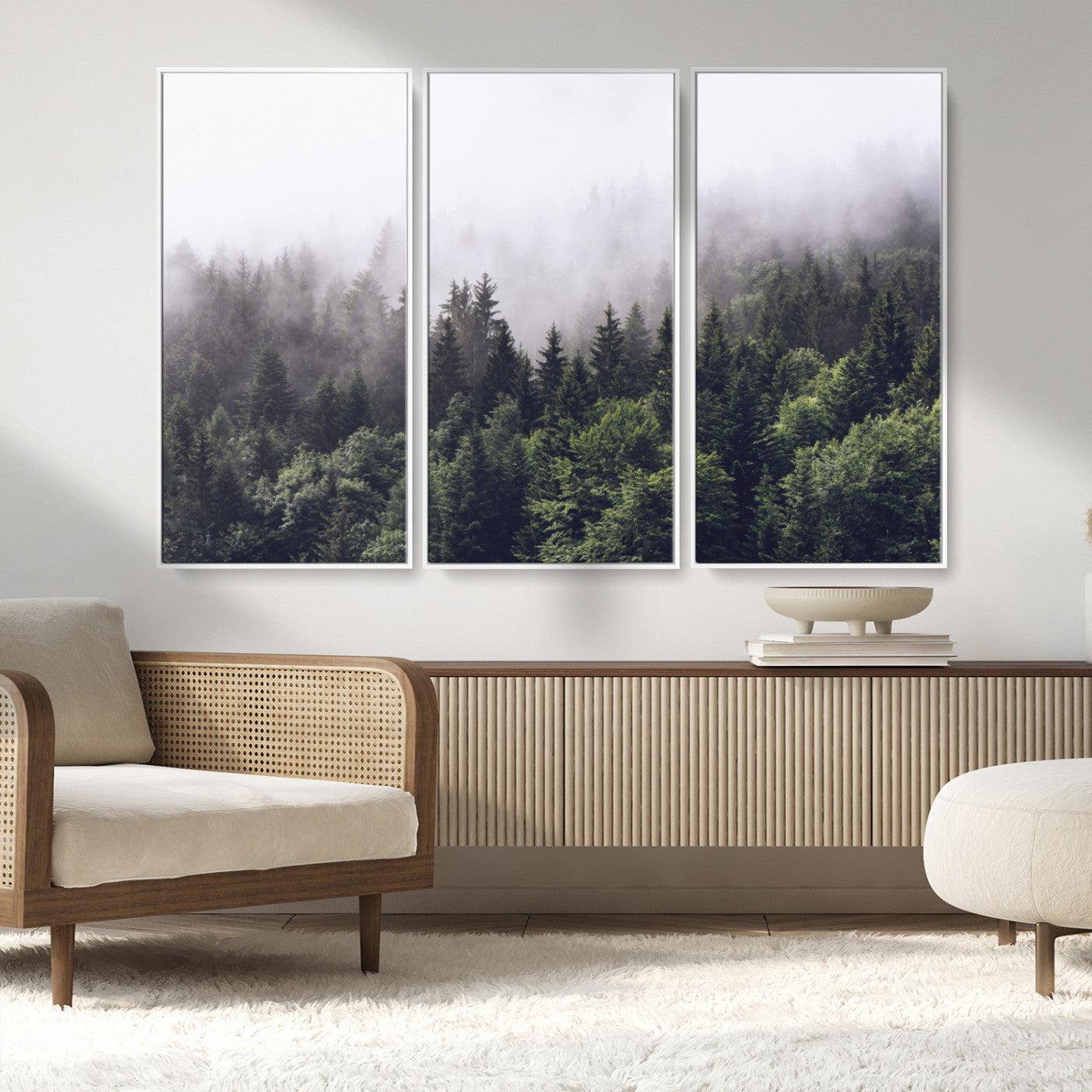 42578900-MGV-CV-36X24-Misty Forest Canvas Wall Art – Serene Triptych Nature Print – Woodland Landscape Decor for Living