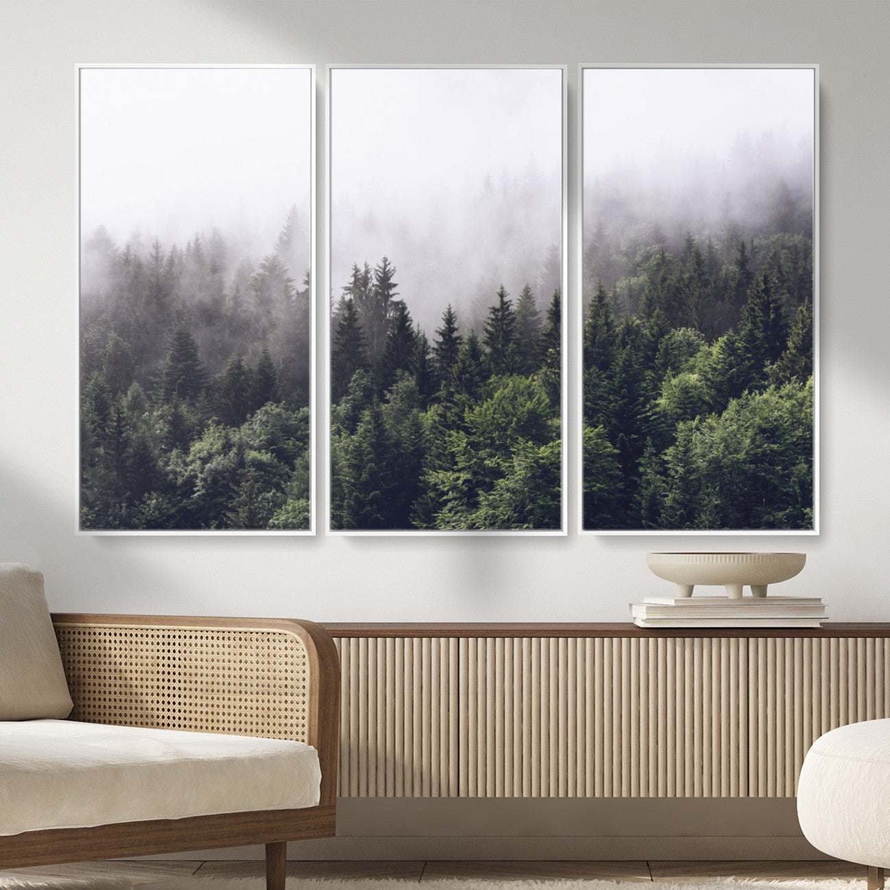 42578900-MGV-CV-36X24 - Misty Forest Canvas Wall Art – Serene Triptych Nature Print – Woodland Landscape Decor for Living