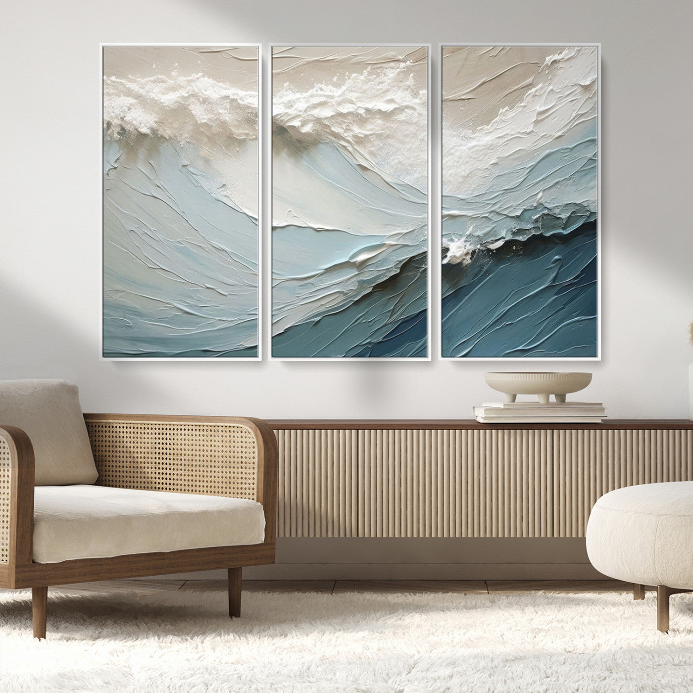 36946-MGV-FC-48X32-3P_White-Waves Abstract Wall Art Print, Modern Framed Abstract Canvas Print, Abstract Painting for Living