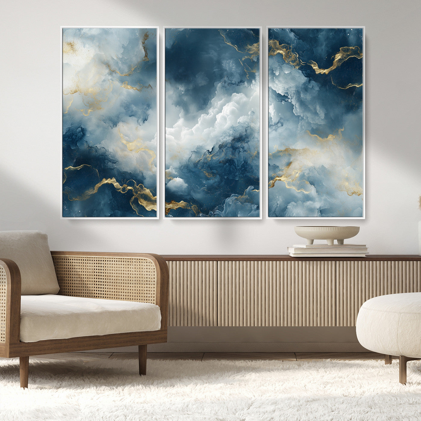 48298-MGV-FC-48X32-3P_White-Large Abstract Print - Luxe Blue and Gold Abstract Canvas Wall Art - Bold Cloudscape Canvas for