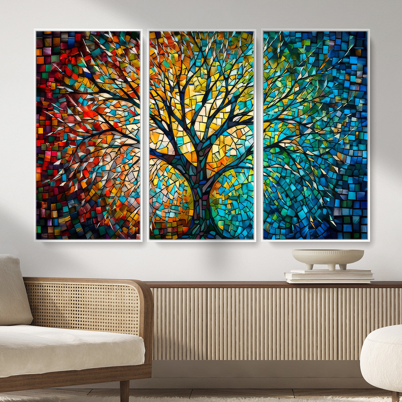 99325-MGV-CV-36X24 - Yggdrasil Tree of Life Wall Art Print Canvas | Mosaic Style 3-Panel Canvas Print
