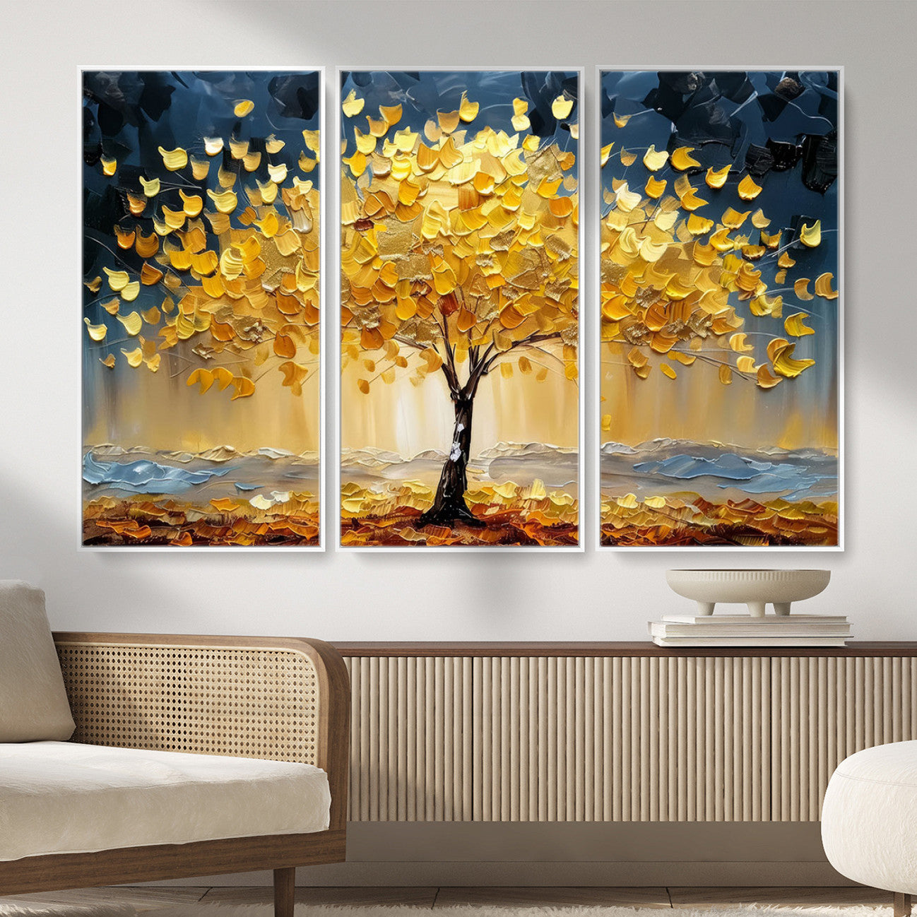 45682-MGV-FC-48X32-3P_White-Golden Autumn Tree Wall Art – Framed Fall Leaves Canvas Artwork, Vibrant Seasonal Design, Cozy Nature Decor for Home, Office