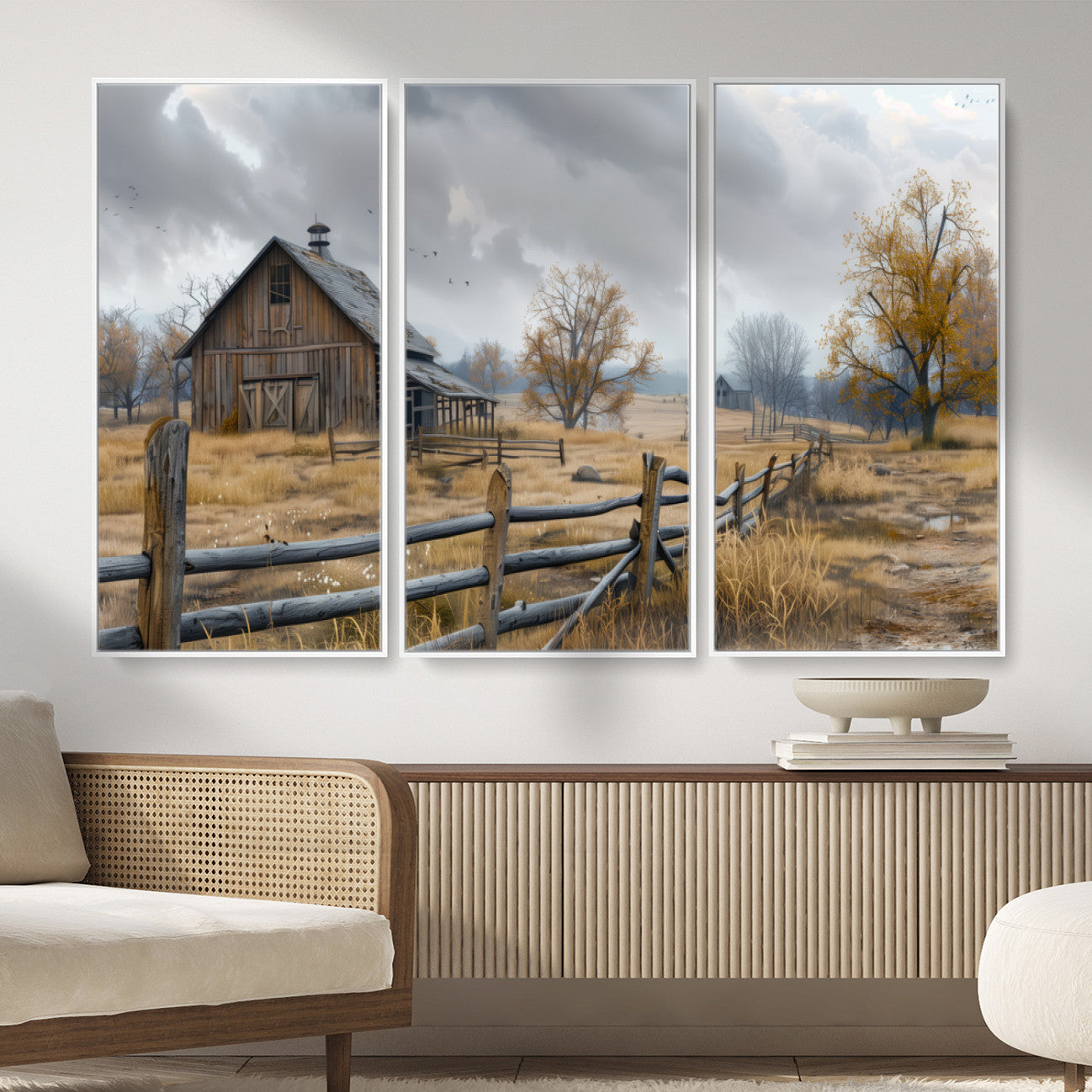 Farm1-MGV-CV-36X24 - Rustic Autumn Farmhouse Wall Art Canvas Print – Serene Countryside Scene with Weathered Barn and