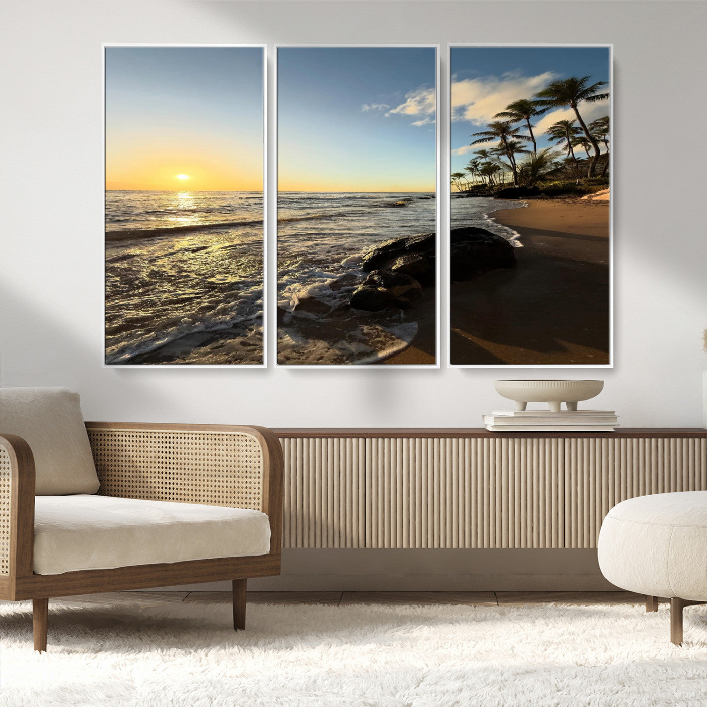 Nadir2-MGV-FC-48X32-3P_White-Tropical Beach Wall Art - Stunning Ocean Sunset Canvas Print with Palm Tree Design for Relaxing and