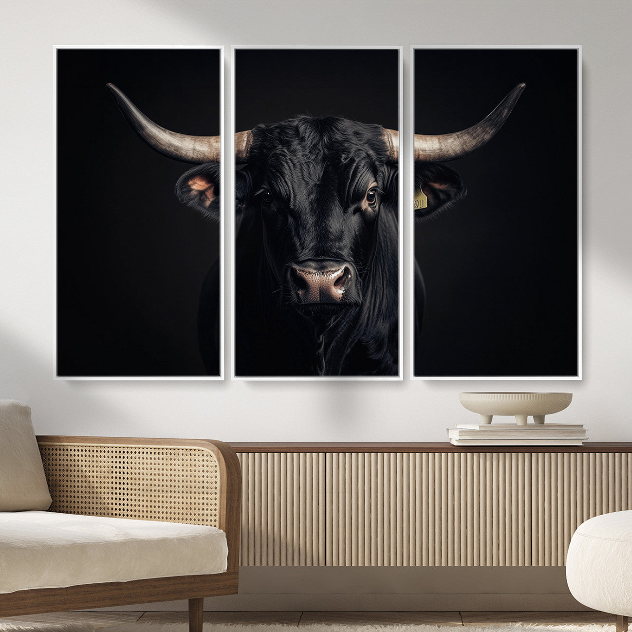 MGV-FC-48X32-3P - Black Bull Wall Art – Framed Horned Bull Canvas Artwork, Western Cattle Design, Rustic Ranch Style Decor for Home, Office