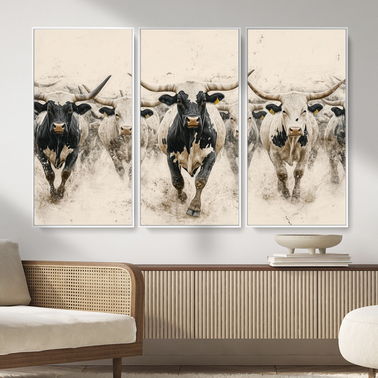 MGV-FC-48X32-3P - Cream Dust Longhorn Wall Art – Canvas Print of Western Herd Stampede, Dynamic Charge, Rustic Prairie Motion, Bold Nature Farm Decor