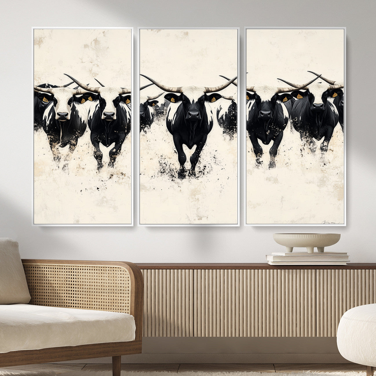 MGV-FC-48X32-3P - Longhorn Cattle Wall Art – Canvas Print of Herd in Motion, Symmetry and Ink Splatter, Minimalist Western Ranch, Bold Rustic Farm Decor