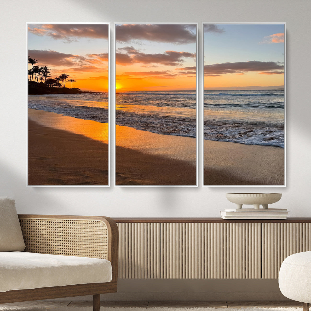 MGV-FC-48X32-3P - Sunset Glow Wall Art – Canvas Print of Ocean Breeze, Golden Sand, Tropical Palm Silhouettes, Tranquil Waves, Beach Nature Decor for Home
