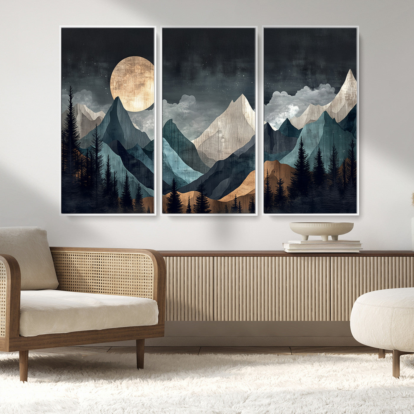 11060882-MGV-FC-48X32-3P_White-Moonlit Mountain Wall Art Canvas Print – Silhouetted Pines Layered Peaks Tranquil Sky Mist Silver Light Nature Artwork for Home