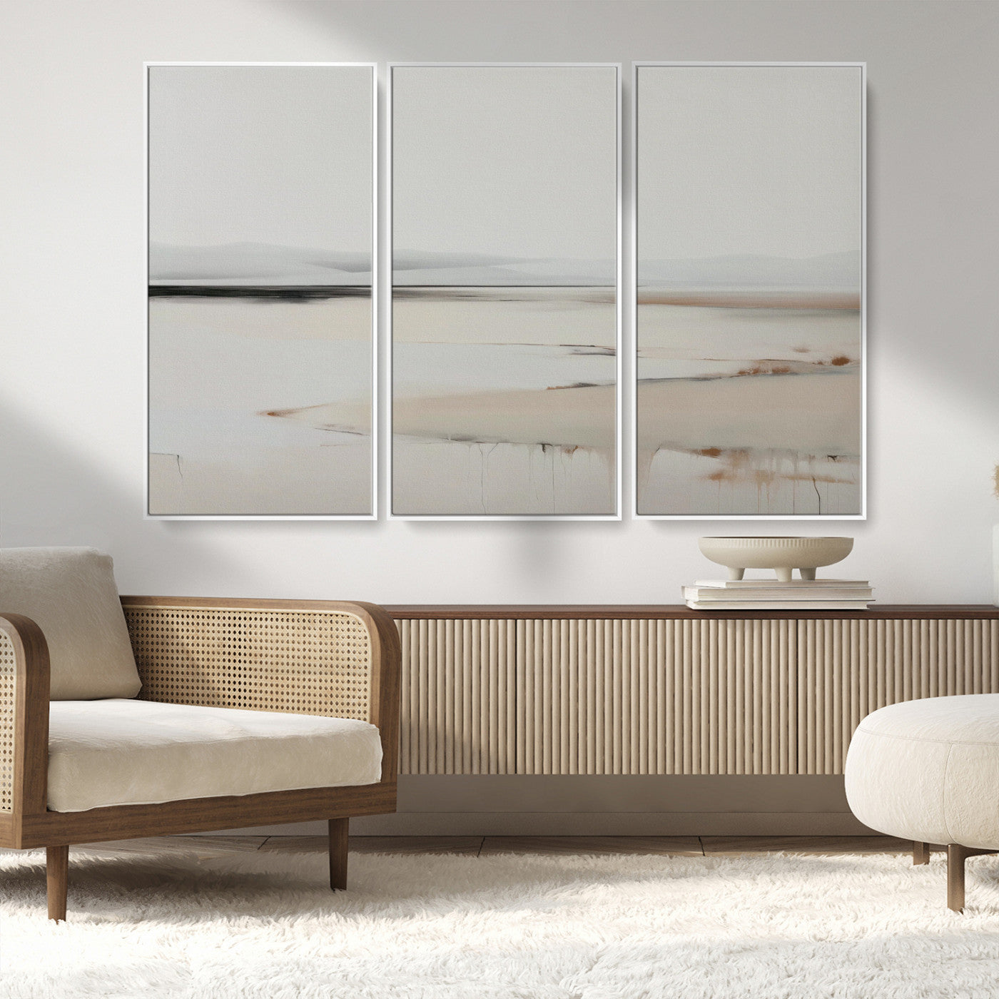 89410095-MGV-CV-36X24-Minimalist Landscape Wall Art Canvas Print – Framed Soft Horizon Abstract Seascape Earthy Tones Artwork for Home Office