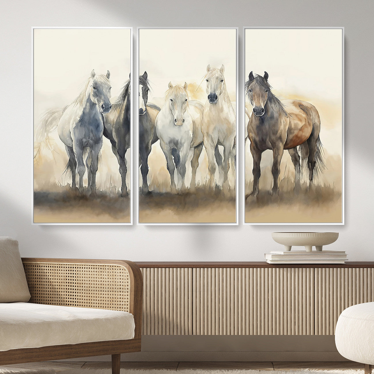 MGV-FC-48X32-3P - Wild Horses Wall Art Canvas Print, Framed Running Horses Art Picture Print, Watercolor Horses Perfect Rustic Western Decor Artwork
