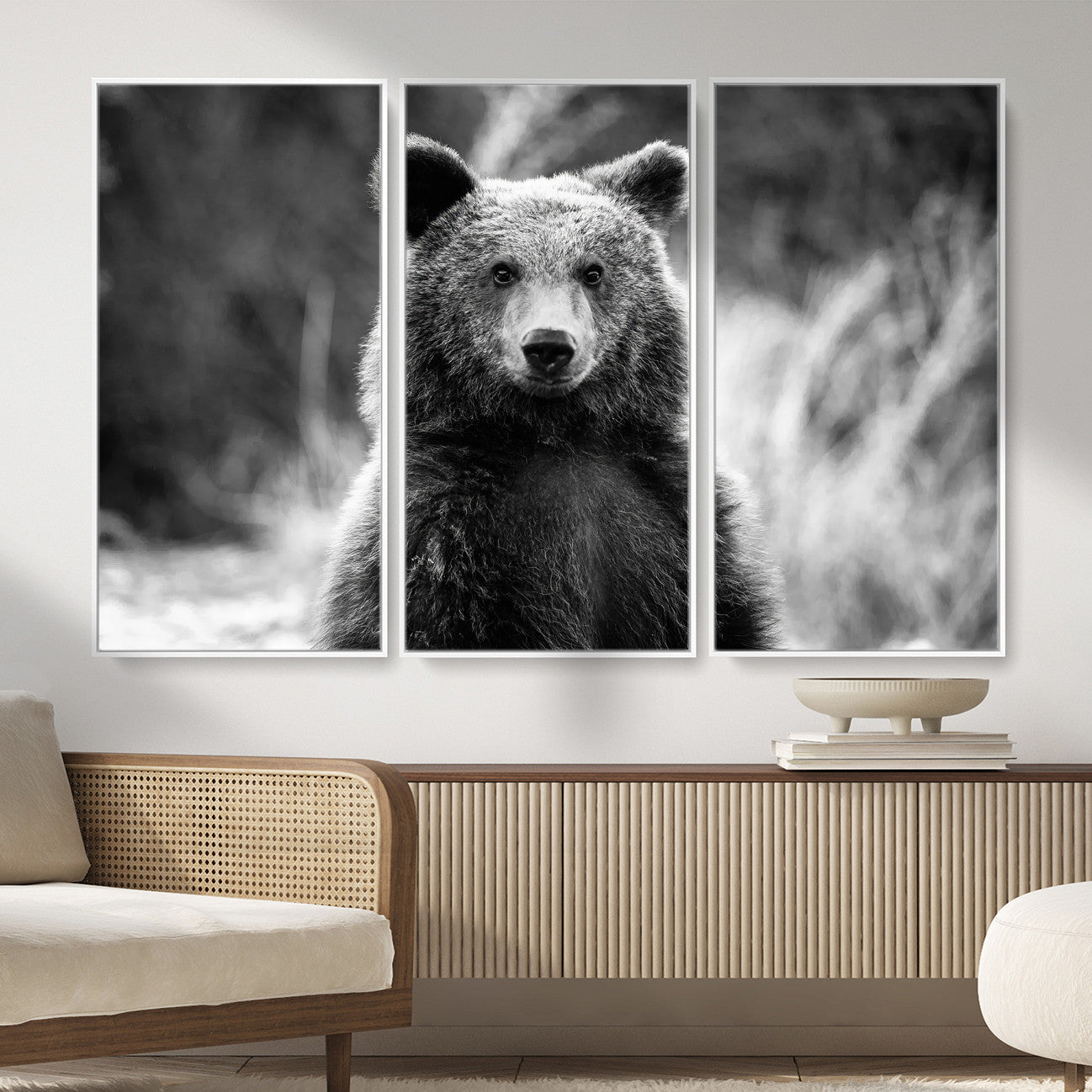 55656803-MGV-FC-48X32-3P_White-Grizzly Bear Wall Art Canvas Print – Framed Black White Wildlife Rustic Nature Artwork for Home, Office Decor