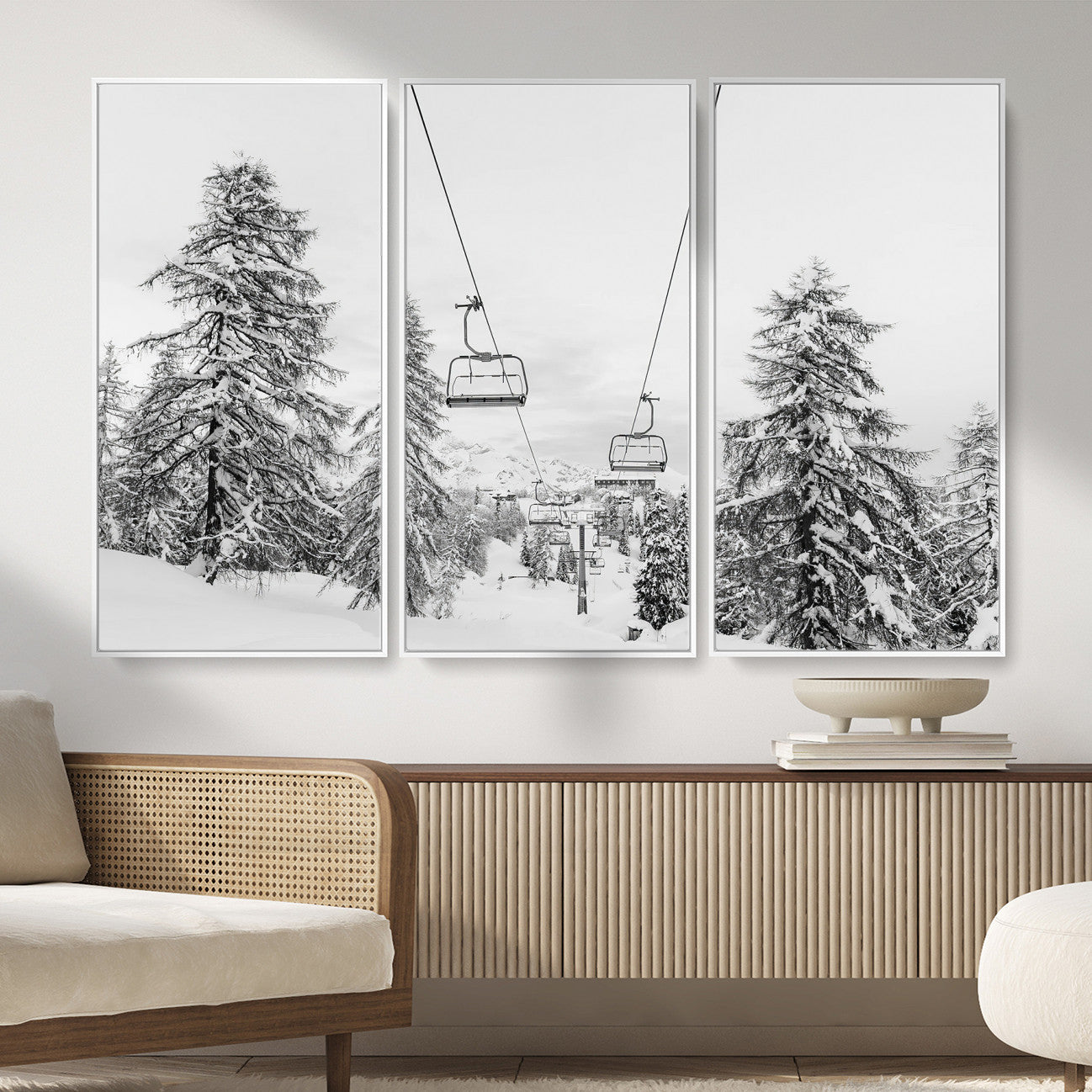 55003599-MGV-CV-36X24 - Snowy Ski Lift Wall Art – Framed Winter Forest Canvas Artwork, Peaceful Mountain Design, Modern Nature Decor for Home, Office