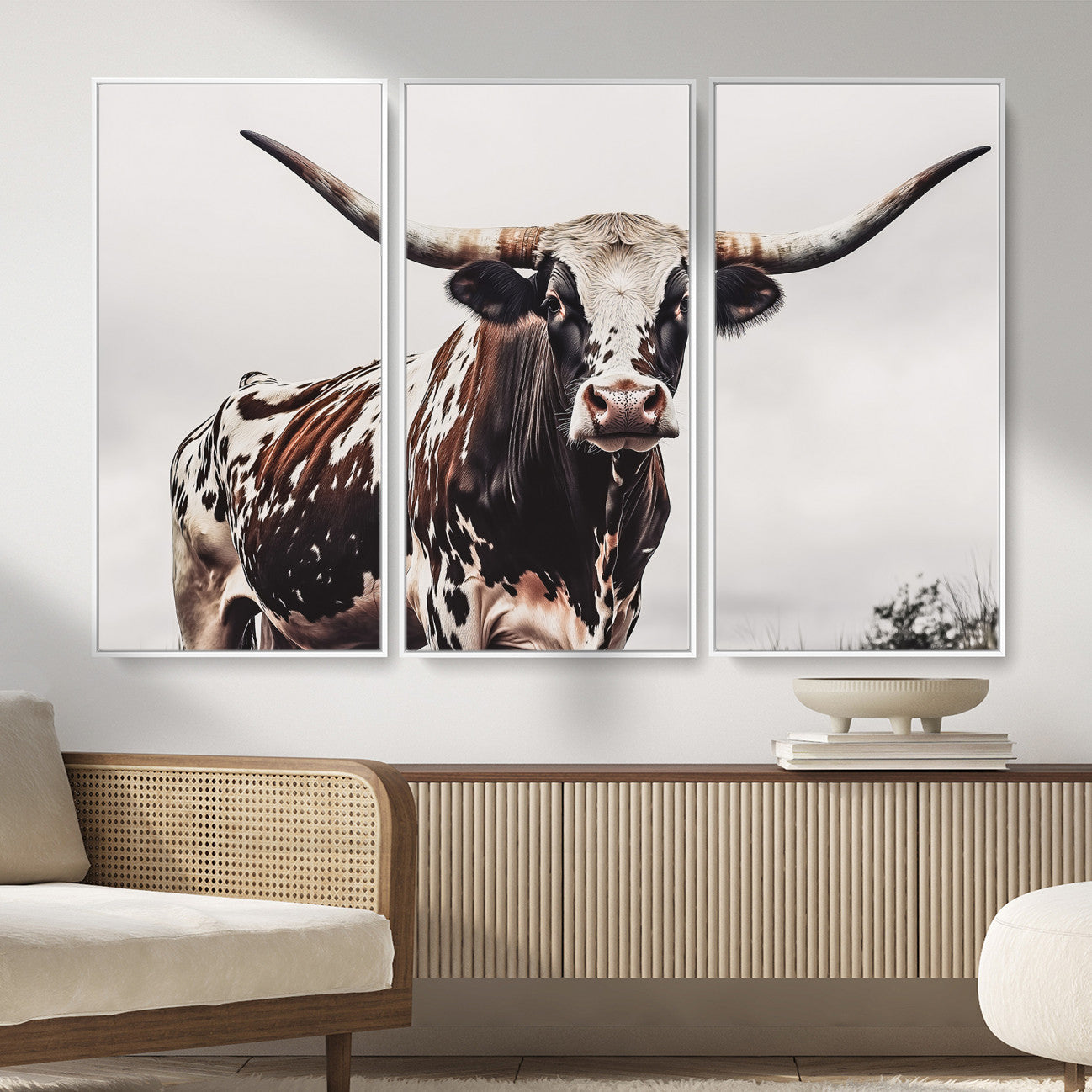 MGV-FC-48X32-3P - Texas Longhorn Wall Art Canvas Print, Framed Spotted Bull Art Picture Print, Horned Cattle Perfect Rustic Farmhouse Decor Artwork