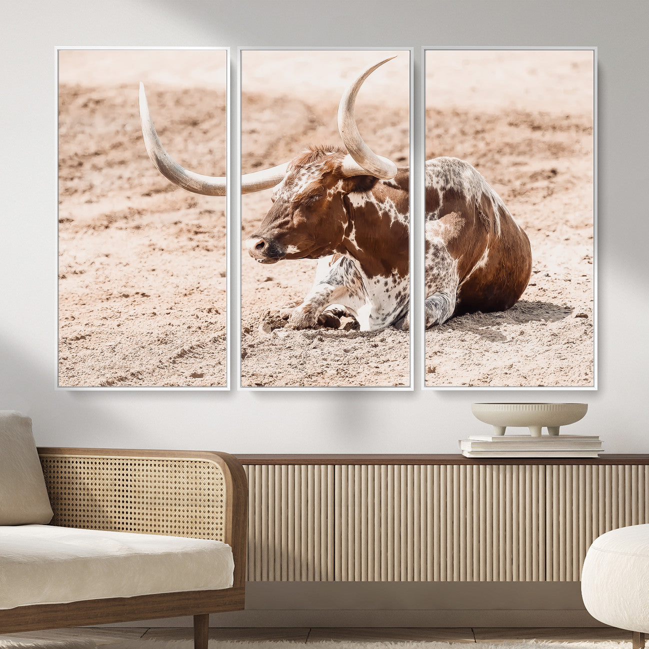 91248682-MGV-CV-36X24-Texas Longhorn Wall Art Canvas Print – Framed Resting Bull Scene with Spotted Cattle Artwork for Home, Office