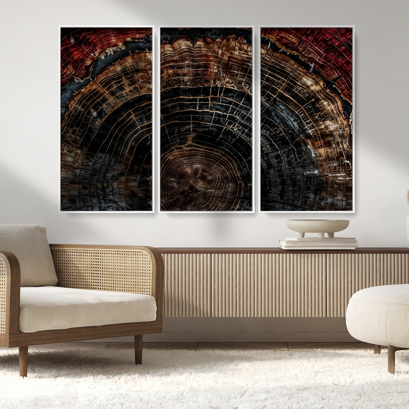 43686762-MGV-FC-48X32-3P_White-Dark Wood Ring Wall Art Canvas Print – Framed Abstract Tree Rustic Artwork for Home, Office, Living Room