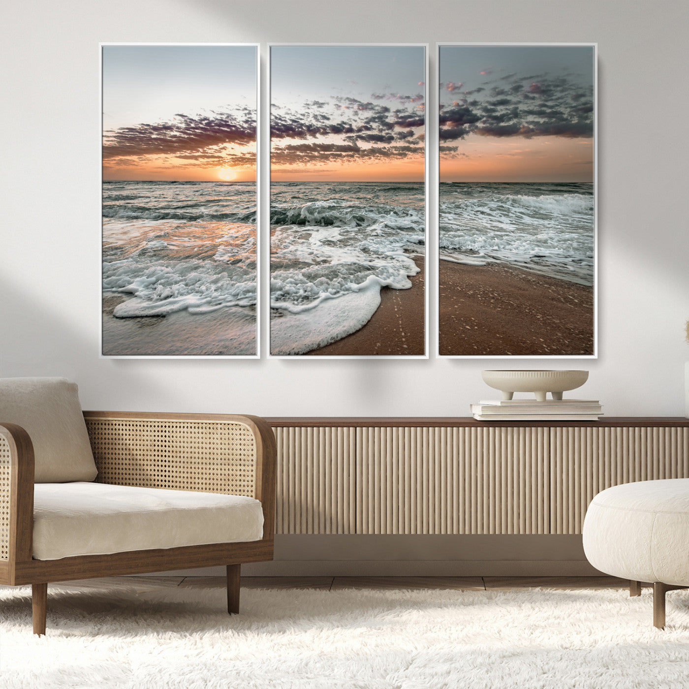 40632752-MGV-FC-48X32-3P_White-Ocean Sunset Wall Art Canvas Print – Framed Beach Waves Scene with Coastal Artwork for Home, Office, Living Room