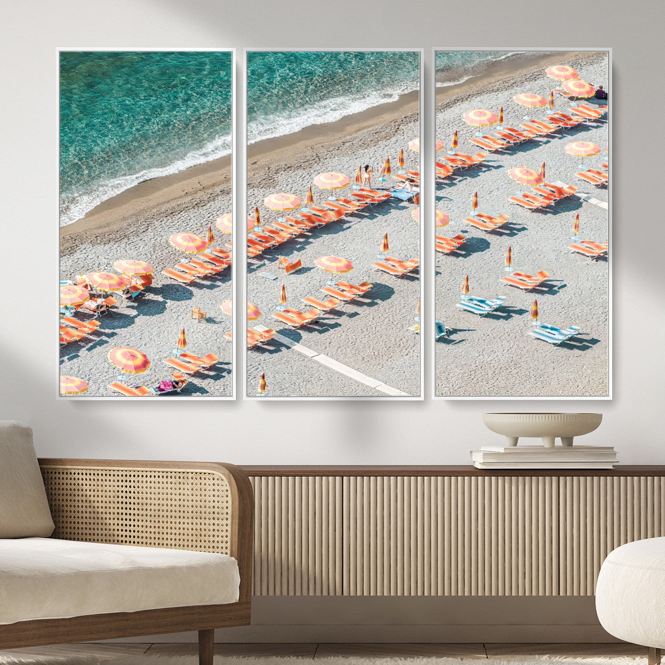 27805351-MGV-CV-36X24 - Beach Umbrellas Wall Art – Orange Loungers & Turquoise Water Canvas Print, Sandy Shore and Summer Vibes
