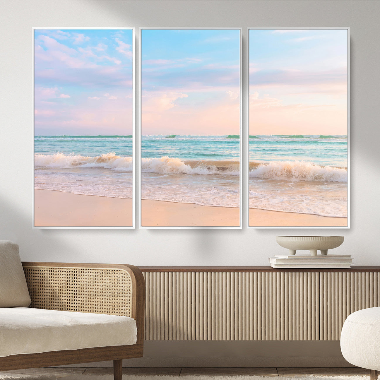 74679437-MGV-CV-36X24 - Serene Waves Wall Art – Golden Shore & Soft Pastel Sky Canvas Print, Gentle Ocean and Peaceful Sunset for Living Room or Office