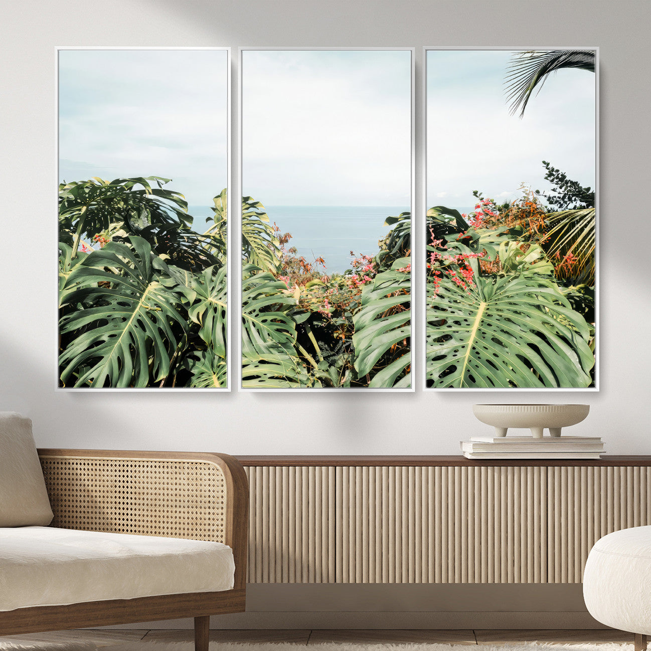 45700479-MGV-CV-36X24 - Tropical Greenery Wall Art – Exotic Leaves & Ocean View Canvas Print, Sunlit Paradise and Vibrant Nature for Living Room or Coastal Decor