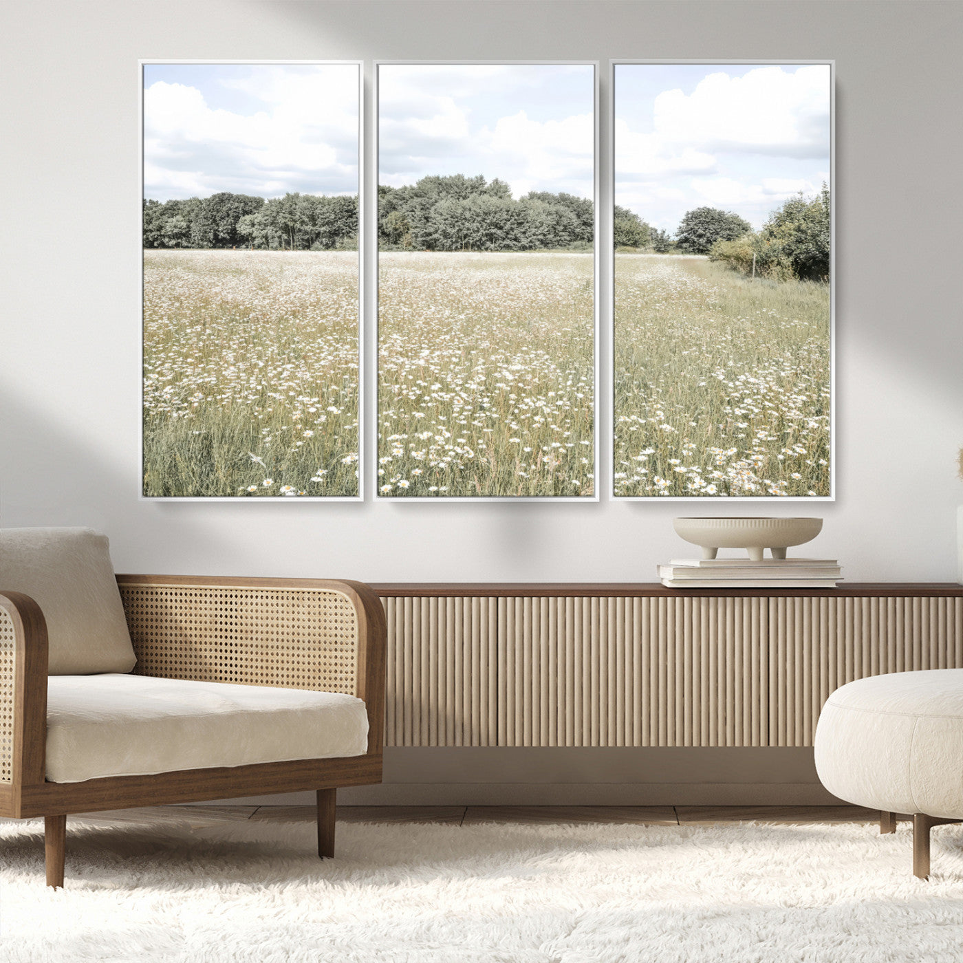 43258946-MGV-CV-36X24-Charming Daisy Field Wall Art Canvas Print – Framed Pastel Flower Meadow Bloom Scandinavian Minimal Artwork for Home Office