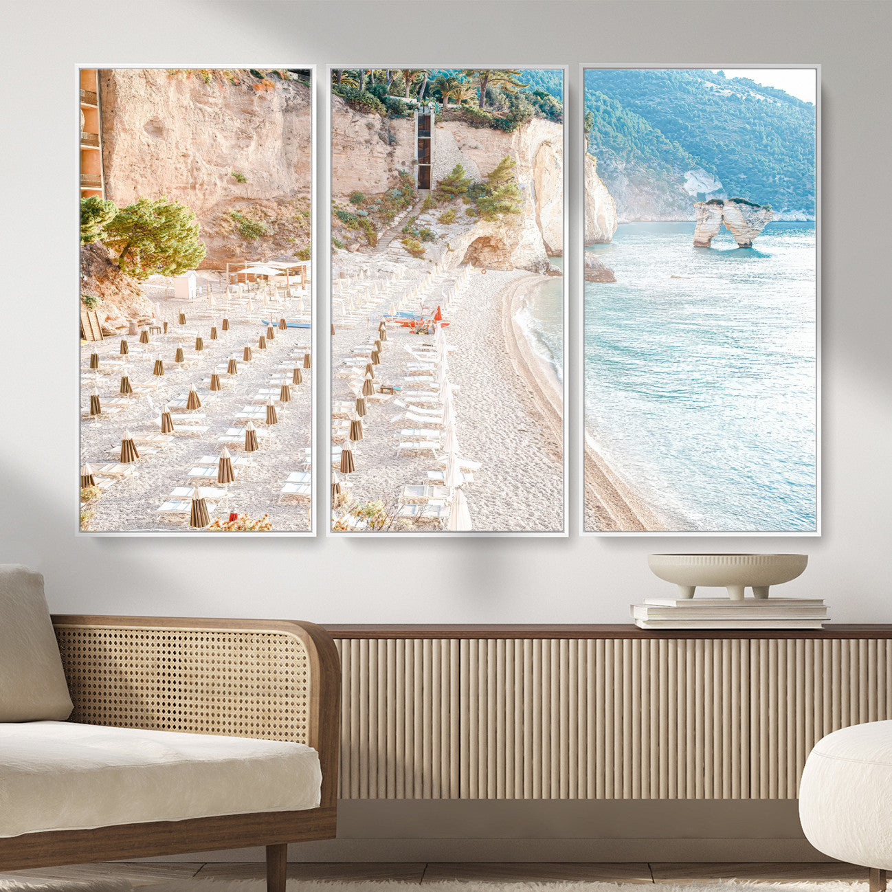 84816639-MGV-CV-36X24 - Sunny Beach Wall Art – Chairs & Umbrellas Canvas Print, Clear Water, Rocky Cliffs, Coastal Calm for Living Room or Vacation Home Decor
