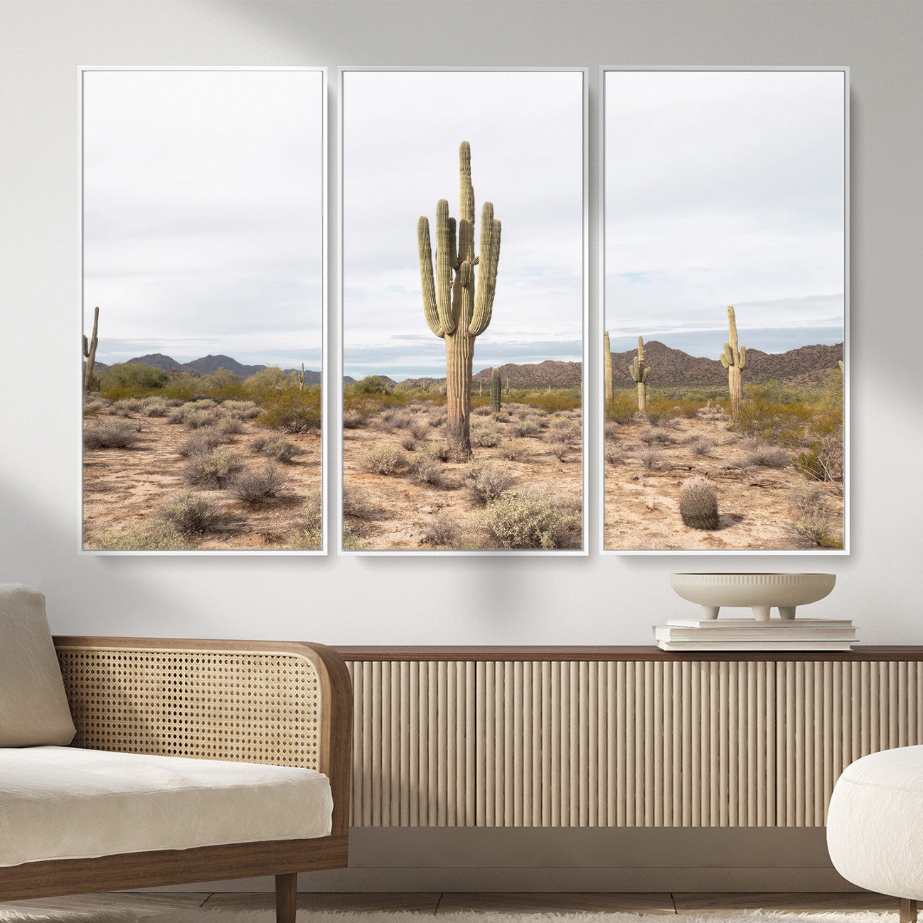 MGV-FC-48X32-3P - Saguaro Cactus Wall Art Canvas Print, Framed Desert Cactus Art Picture Print, Earthy Desert Perfect Southwestern Boho Decor Artwork