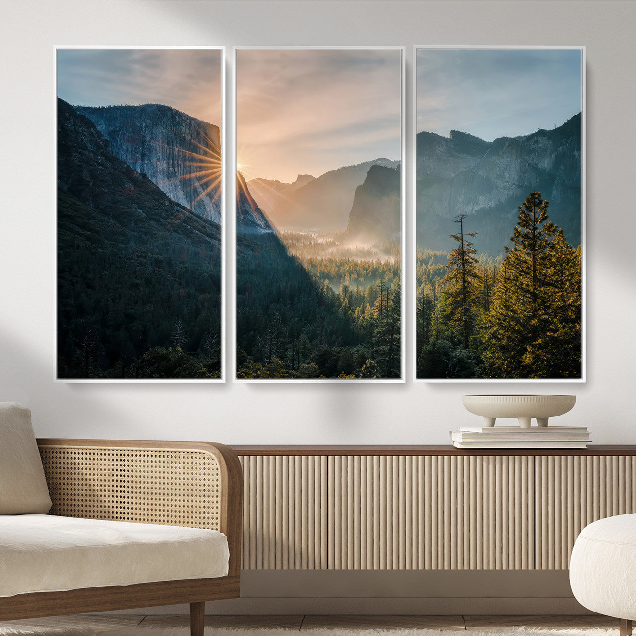 51605481-MGV-CV-36X24 - Yosemite Valley Wall Art – Misty Forest Peaks Canvas Print, Radiant Light, Tranquil Nature Landscape for Living Room or Cabin Decor