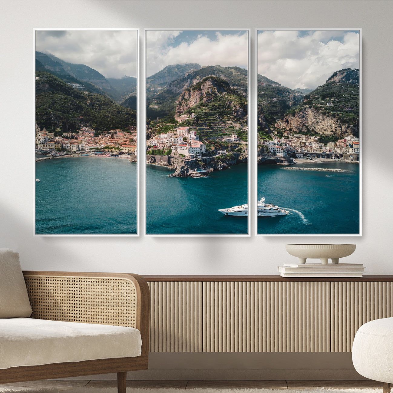 20321590-MGV-FC-48X32-3P_White-Amalfi Coast Wall Art – Framed Italian Seaside Canvas Artwork, Mediterranean Landscape Design, Coastal Decor for Home, Office