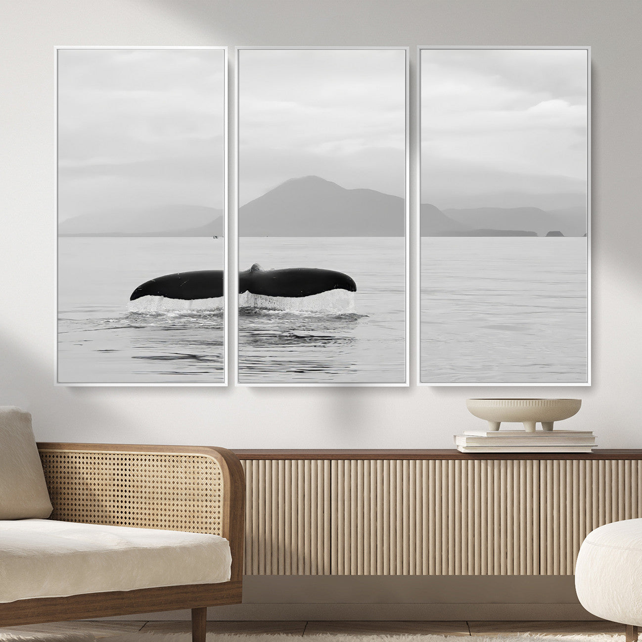 MGV-FC-48X32-3P - Whale Tail Wall Art Canvas Print, Framed Black White Ocean Art Picture Print, Calm Marine Perfect Minimalist Coastal Decor Artwork