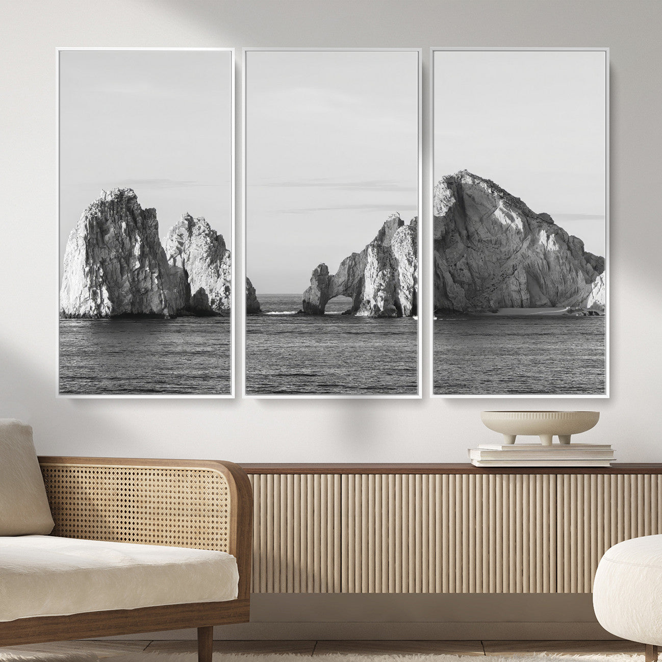 MGV-FC-48X32-3P - Rugged Coastline Wall Art Canvas Print, Framed Ocean Cliffs Art Picture Print, Monochrome Seascape Perfect Coastal Minimalist Decor Artwork