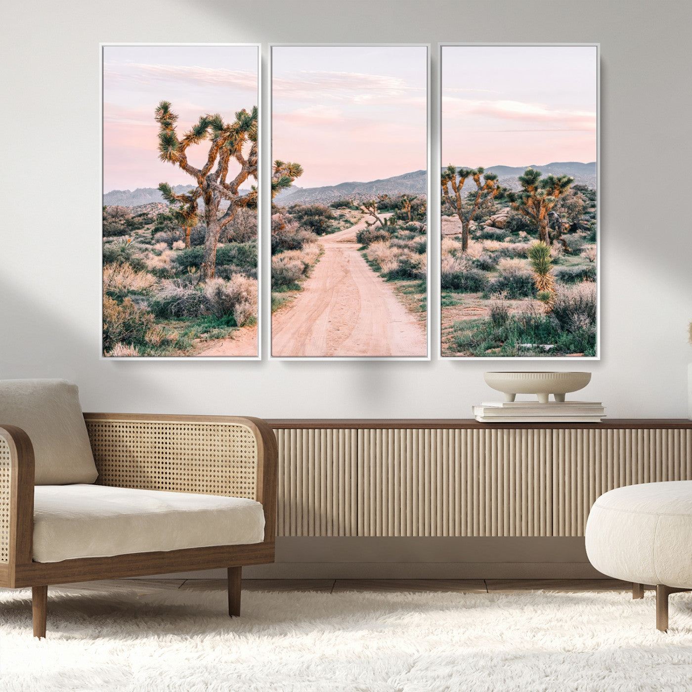 MGV-FC-48X32-3P - Desert Trail Wall Art – Canvas Print of Joshua Trees & Sunset Glow, Sandy Path Wilderness, Scenic Nature Escape Decor for Living Room, Office or Bedroom