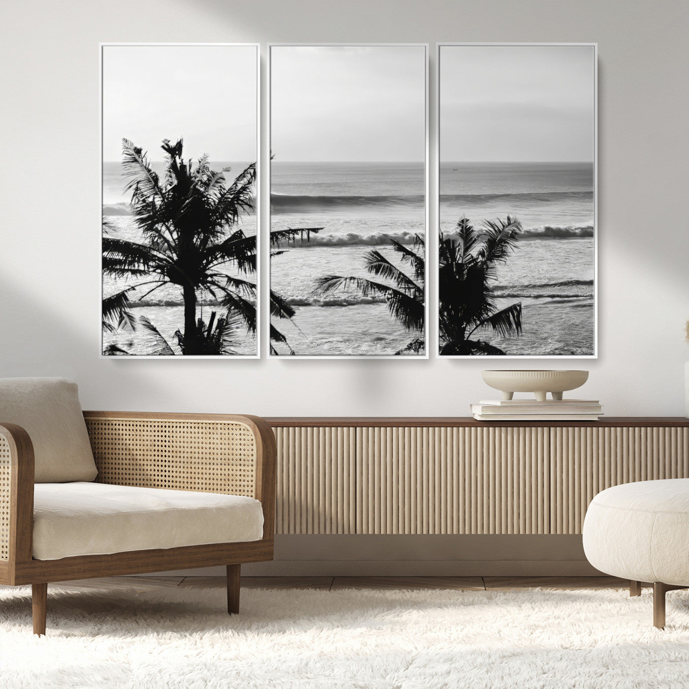 17508038-MGV-CV-36X24-Tropical Coastline Wall Art Canvas Print – Framed Palm Trees Scene with Ocean Waves Artwork for Home, Office