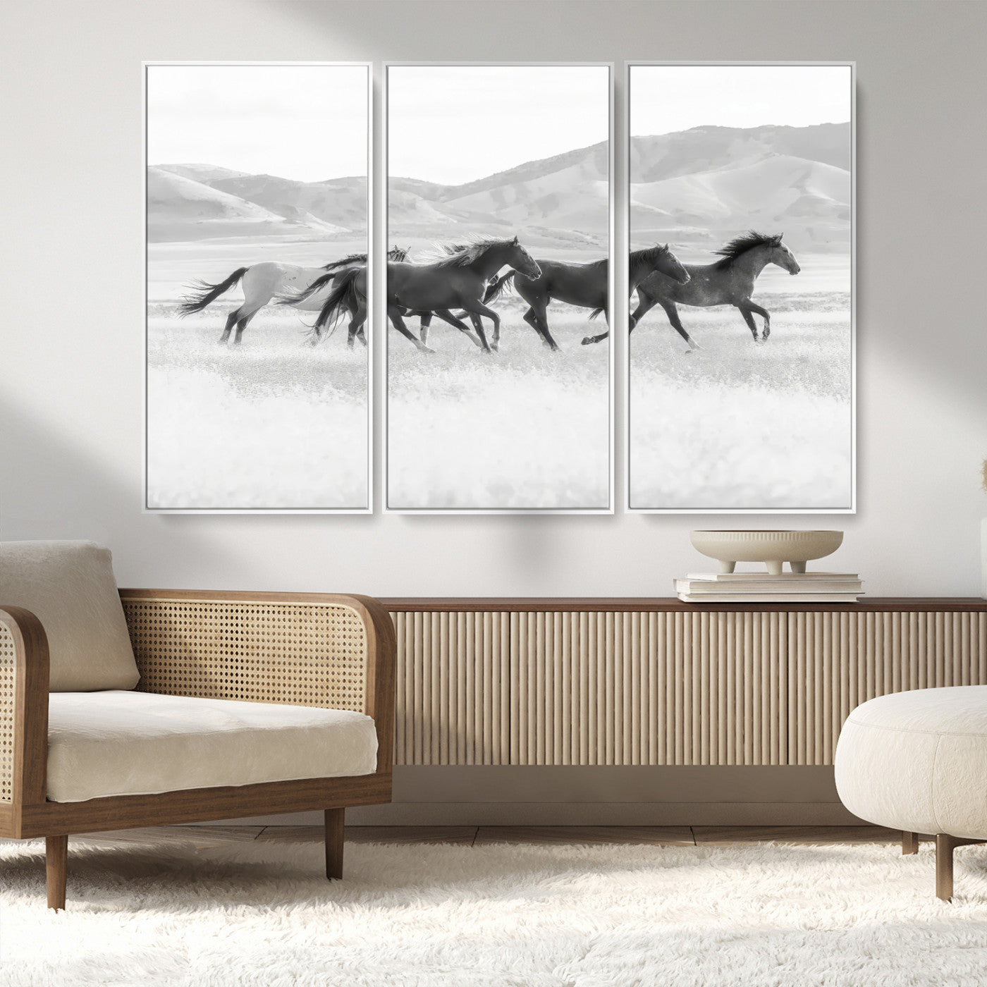 MGV-FC-48X32-3P - Wild Horses Wall Art – Black & White Canvas Print of Herd Running, Nature in Motion, Freedom & Beauty Decor for Guest Room, Office or Living Room