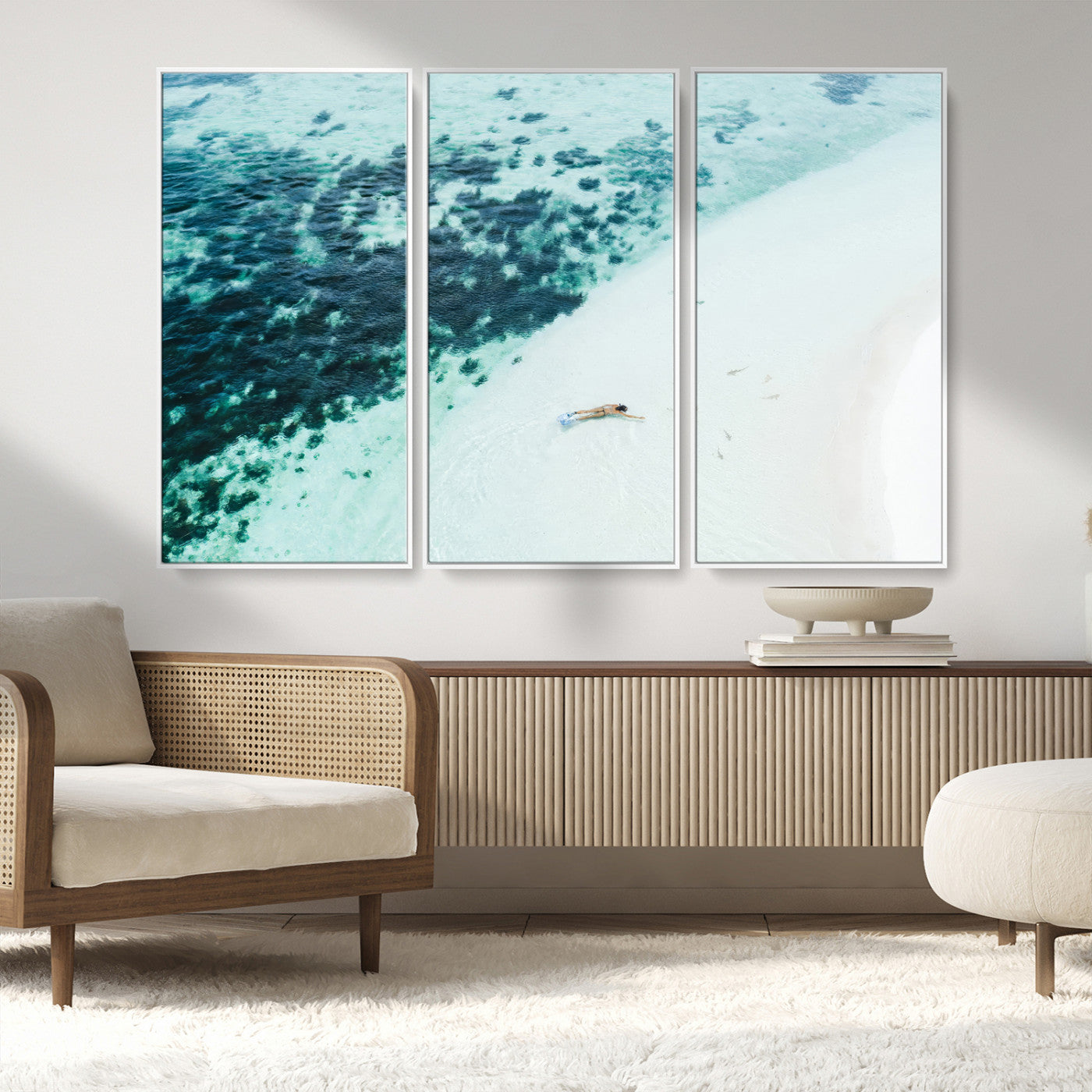 33764764-MGV-FC-48X32-3P_White-Minimal Beach Wall Art – Framed Ocean Swimming Canvas Artwork, Clear Blue Sea Design, Modern Coastal Decor for Home, Office