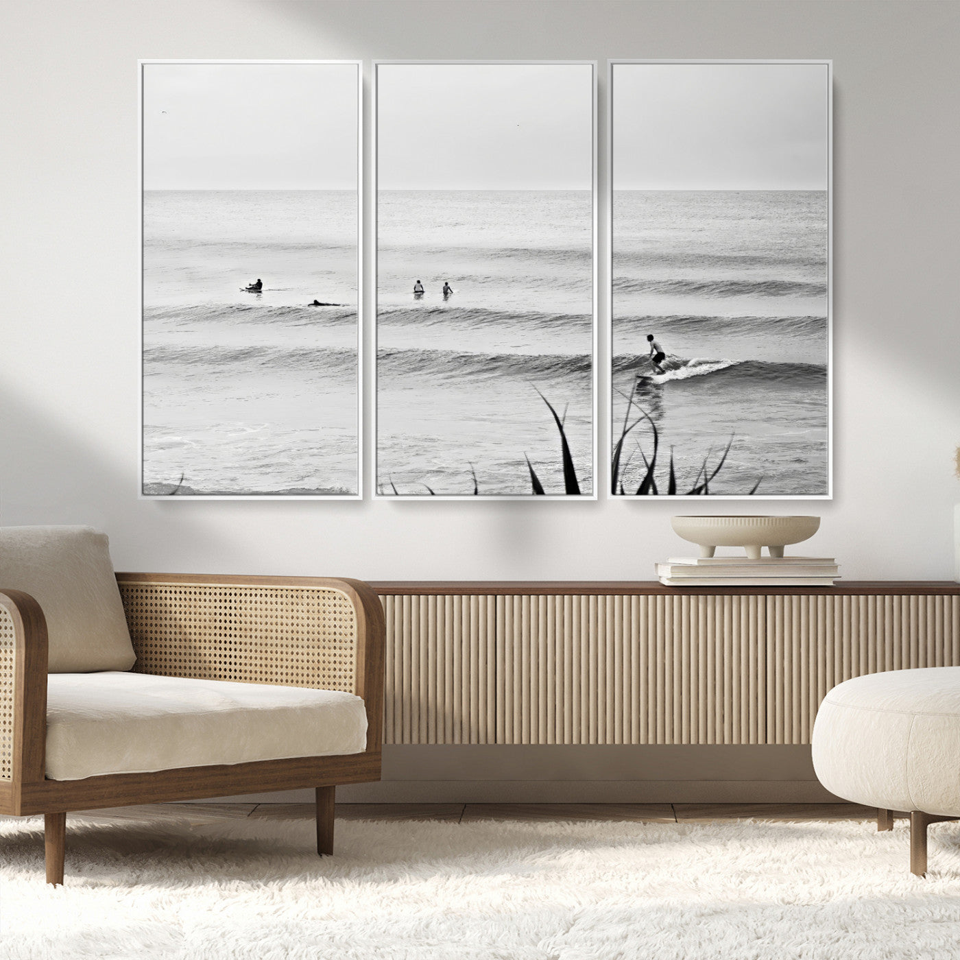 33821421-MGV-FC-48X32-3P_White-Surfer Silhouette Wall Art – Framed Calm Ocean Canvas Artwork, Monochrome Minimal Design, Modern Coastal Decor for Home, Office