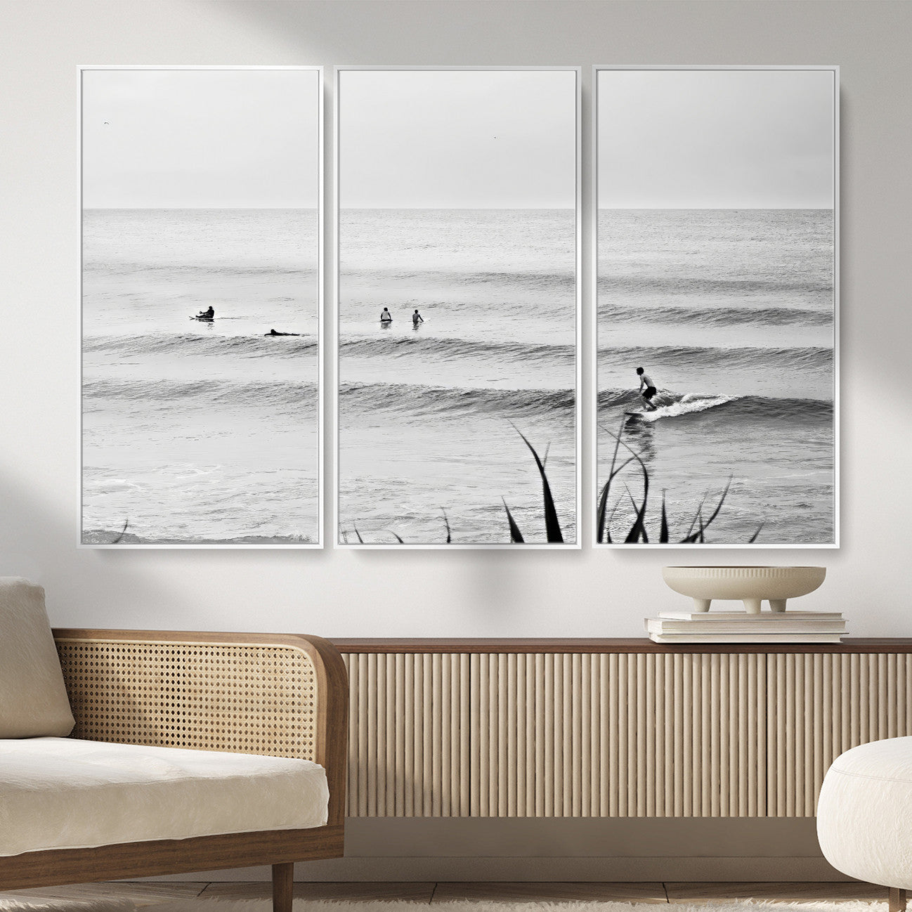 33821421-MGV-CV-36X24 - Surfer Silhouette Wall Art Canvas Print, Framed Calm Ocean Art Picture Print, Monochrome Surf Minimalist Coastal Decor Artwor